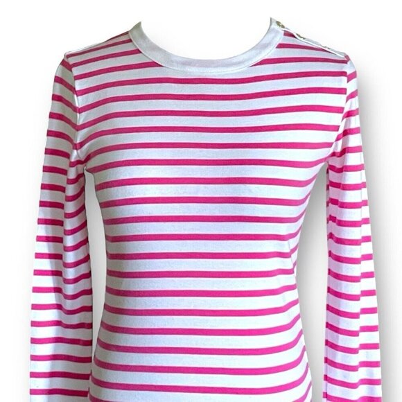 J Crew Womens Striped Button Shoulder Tee XS Pink White Stripe Preppy Shirt Top - Picture 3 of 9